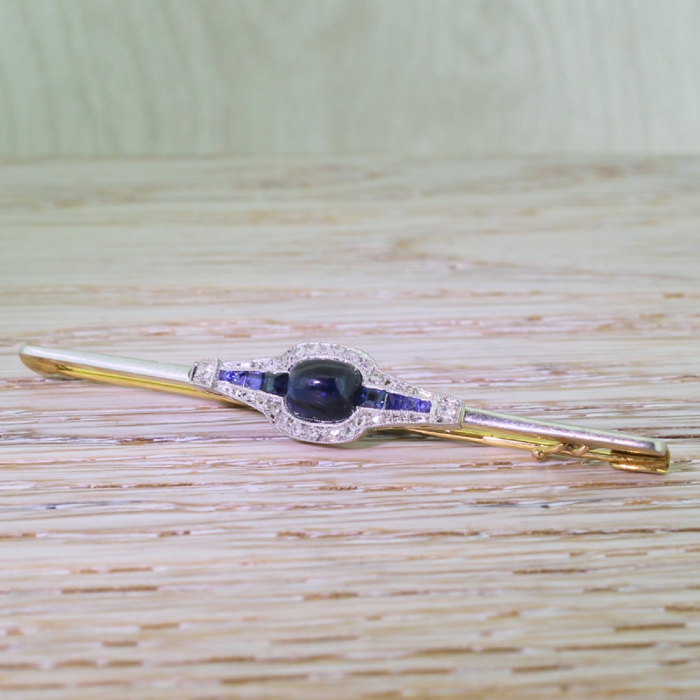 Art Deco Cabochon Sapphire & Diamond Bar Brooch, circa 1920
