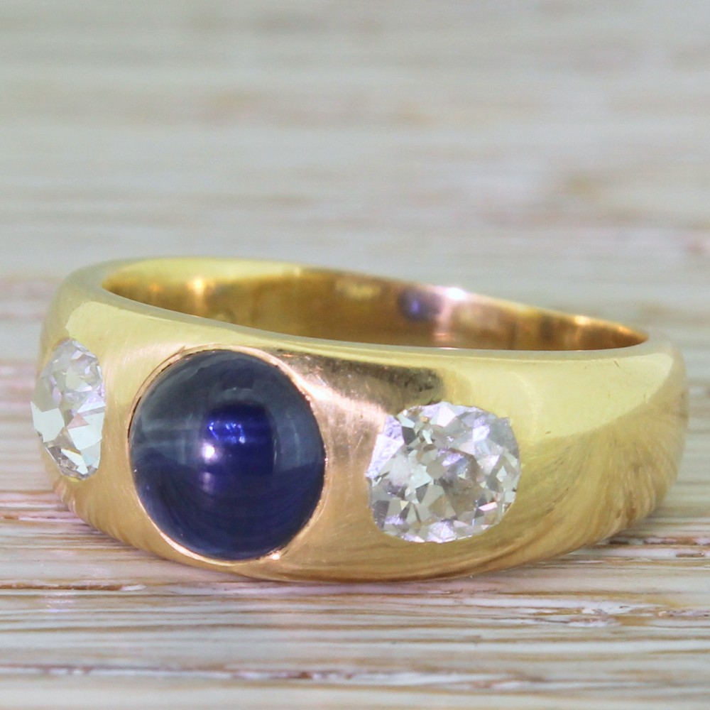 Victorian 2.00 Carat Cabochon Sapphire & Old Cut Diamond Ring, circa 1880