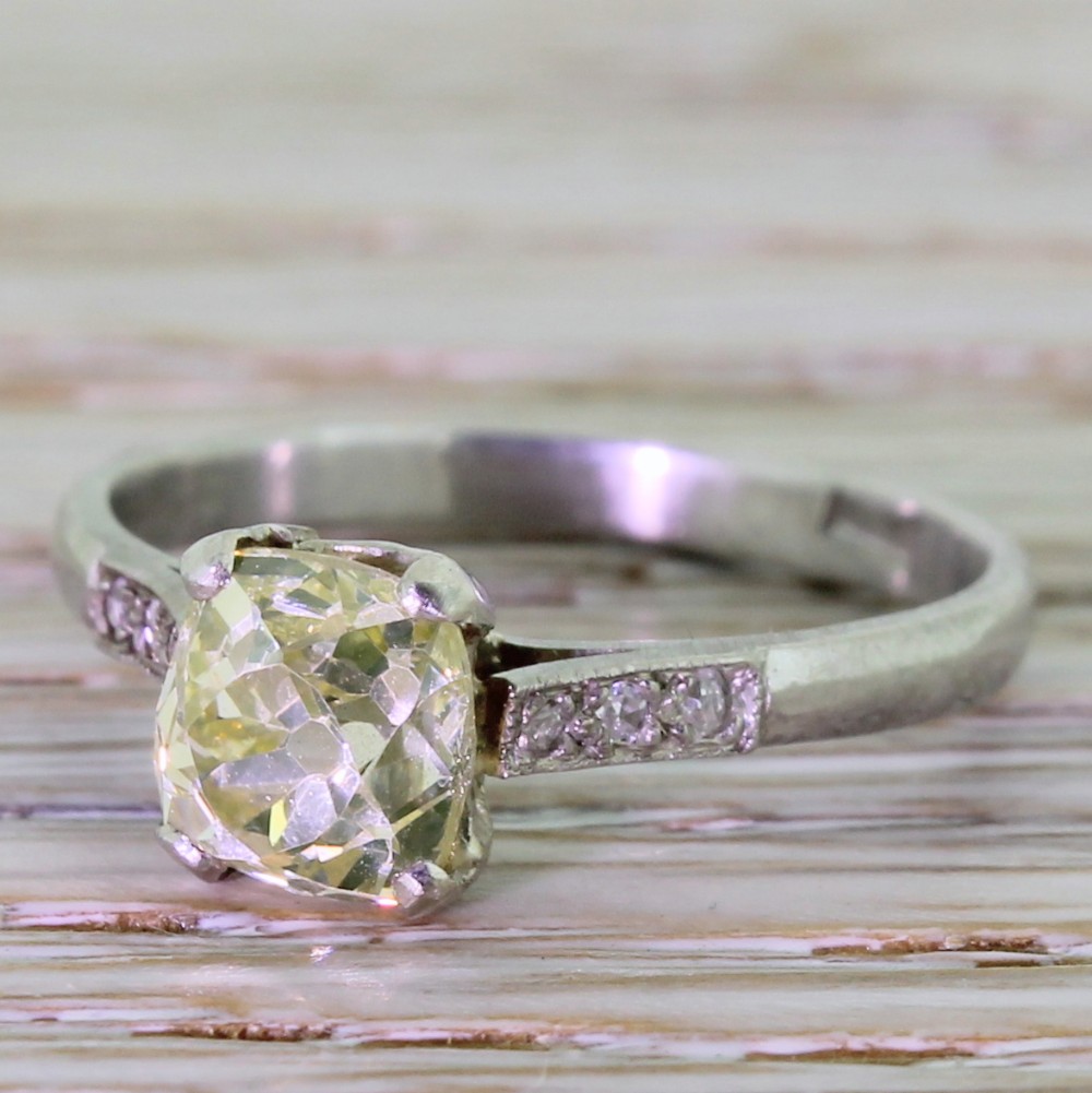 Art Deco 1.46 Natural Fancy Yellow Old Cut Diamond Engagement Ring, circa 1920
