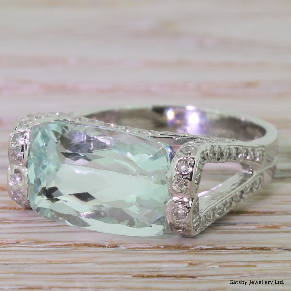 Mid Century Fancy Cut Aquamarine & Diamond Cocktail Ring, circa 1950
