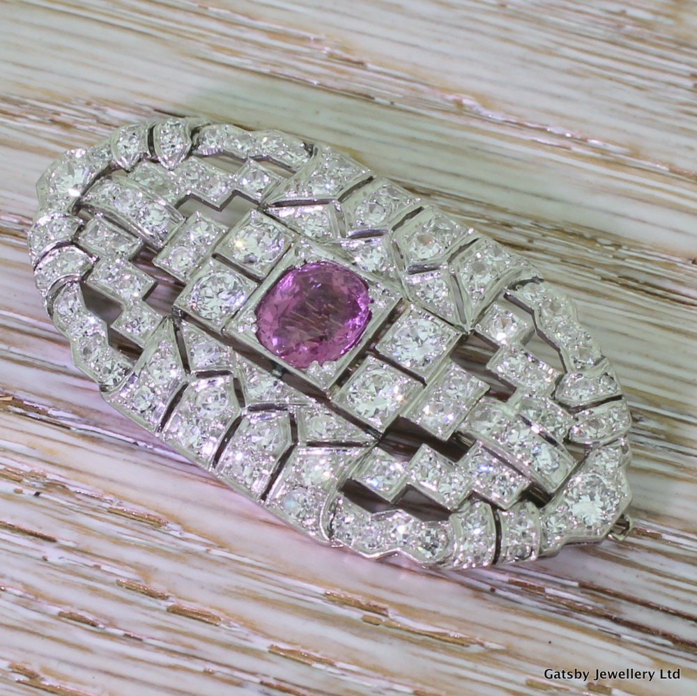 Art Deco Pink Sapphire & Diamond Panel Brooch, circa 1940
