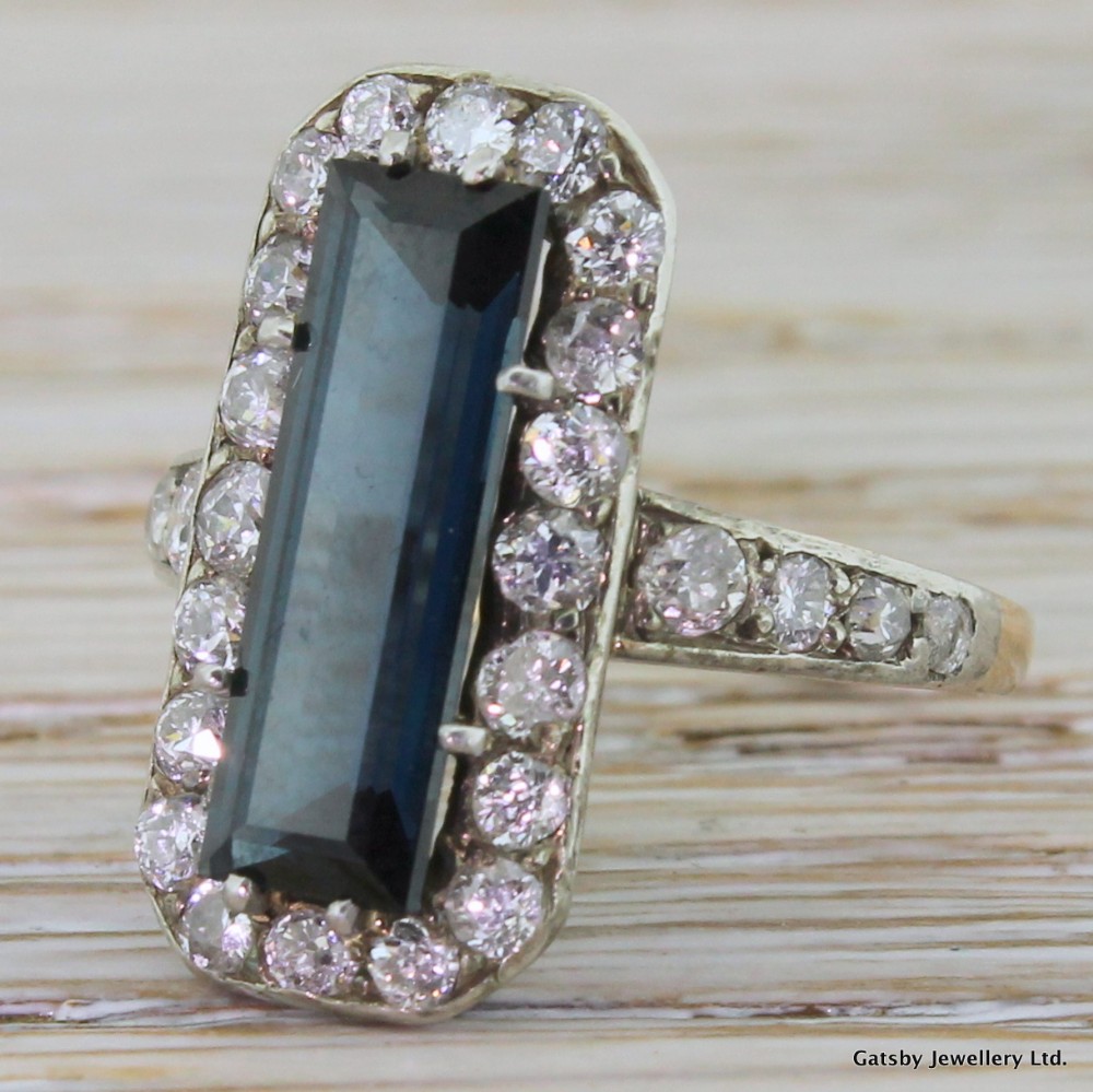 Art Deco 1.50 Carat Fancy Cut Sapphire & Old Cut Diamond Ring, French, circa 1935
