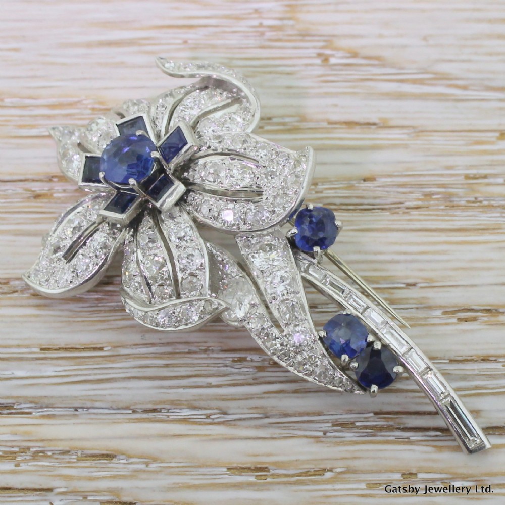 Art Deco 4.50 Carat Diamond & 2.60 Carat Sapphire Flower Brooch, circa 1920
