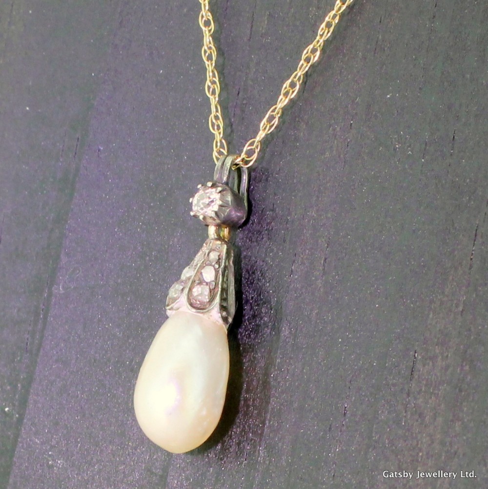 Early Victorian Natural Pearl & Diamond Pendant, circa 1850
