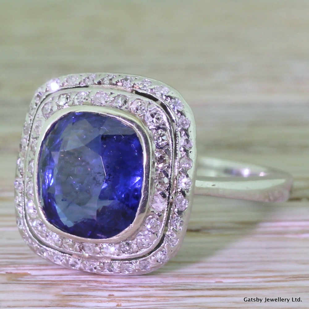 Art Deco 4.00 Carat Cushion Cut Sapphire & Double Diamond Halo Ring, circa 1935
