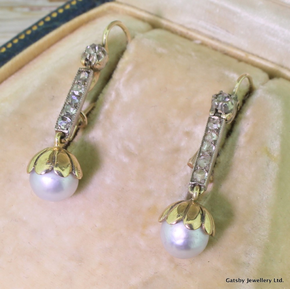Victorian Natural Grey Pearl & Rose Cut Diamond Drop Earrings, circa 1880

