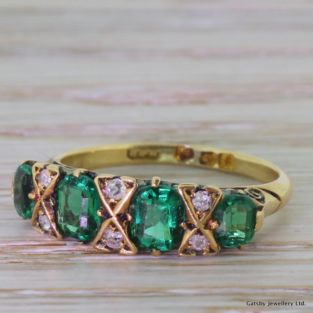 Edwardian 0.90 Carat Colombian Emerald & Old Cut Diamond Ring, dated 1905
