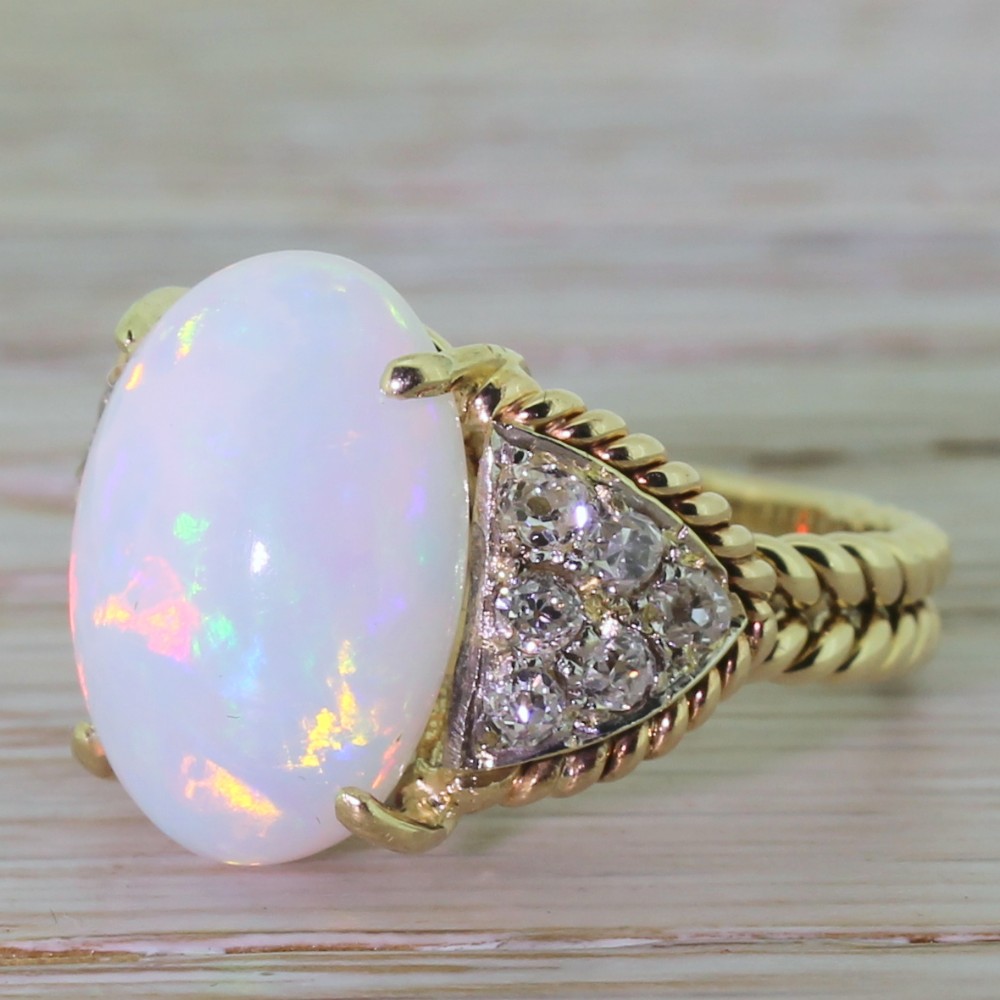 Art Deco 4.00 Carat Opal & Old Cut Diamond Ring, circa 1940
