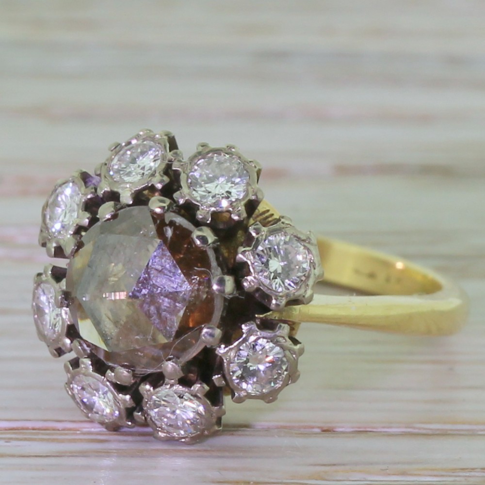 Georgian 1.32 Carat Natural Cognac Rose Cut Diamond Cluster Ring, circa 1810
