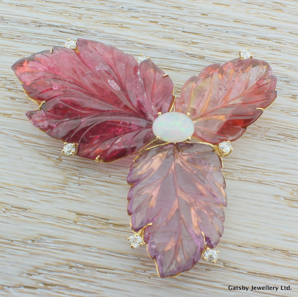 Art Deco 125.00 Carat Tourmaline, Opal & Diamond Foliate Brooch, circa 1940
