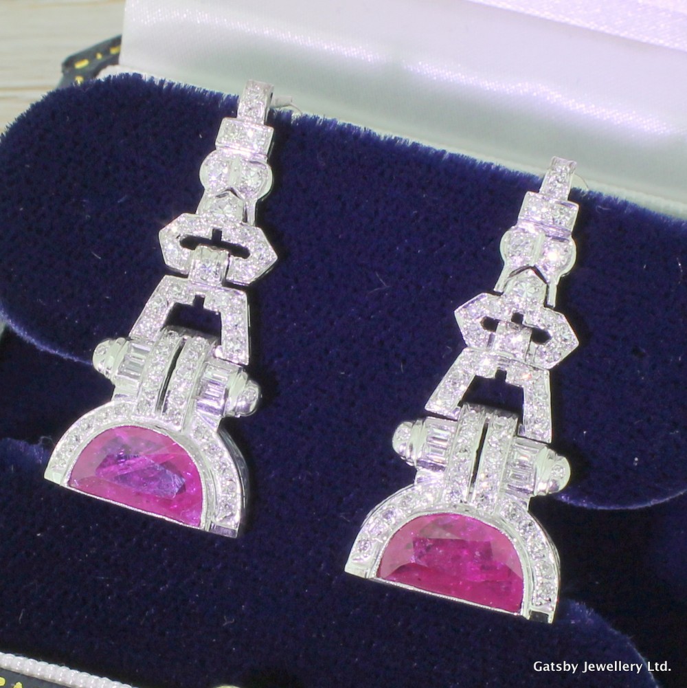 Art Deco 6.00 Carat Half Moon Ruby & Diamond Drop Earrings, circa 1930
