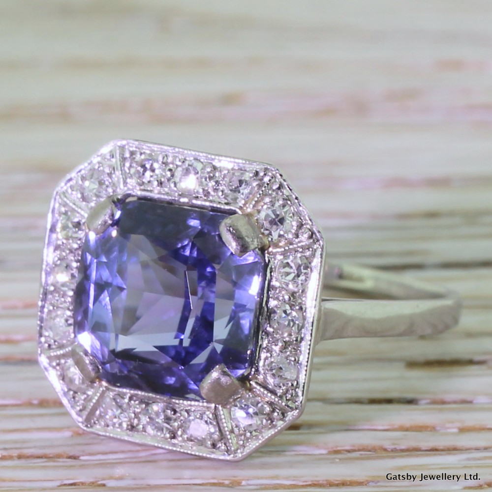 Art Deco 7.50 Carat Octagonal Cut Sapphire & Old Cut Diamond Ring, circa 1935

