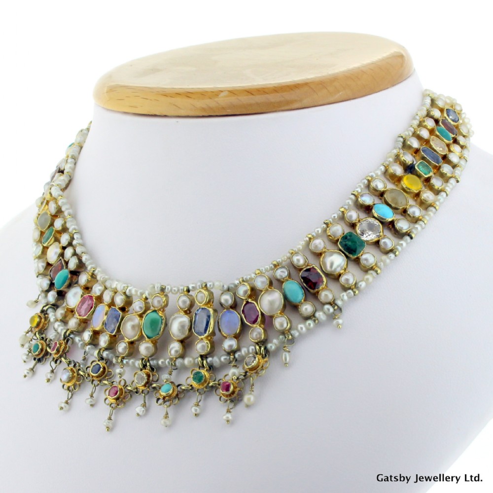 Victorian Natural Pearl & Multi Gemstone Three Row Chocker Necklace, circa 1900