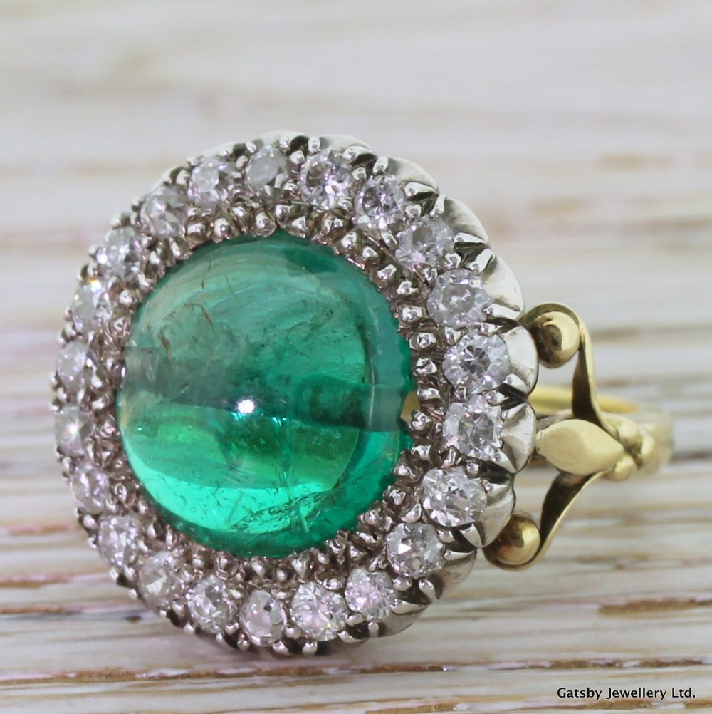 Victorian 5.60 Carat Cabochon Emerald & Old Cut Diamond Ring, circa 1890
