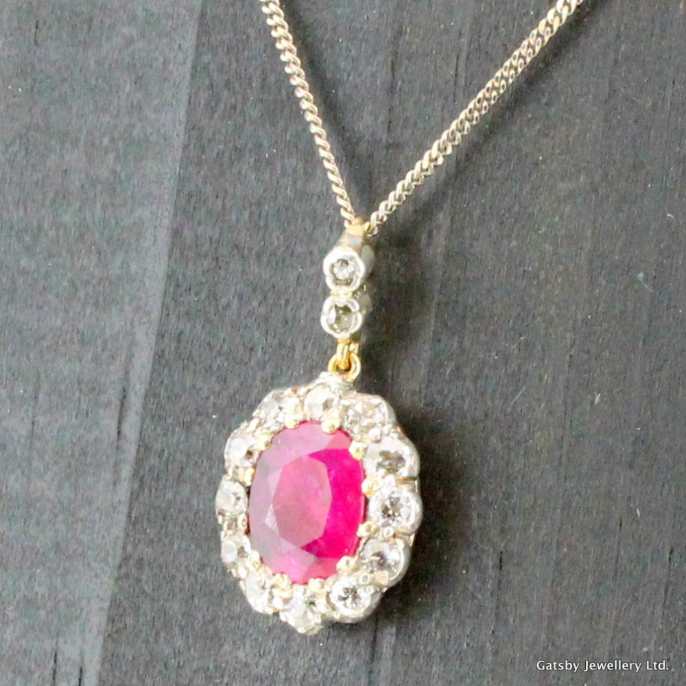 Art Deco 2.00 Carat Ruby & 1.00 Carat Old Cut Diamond Pendant, circa 1935
