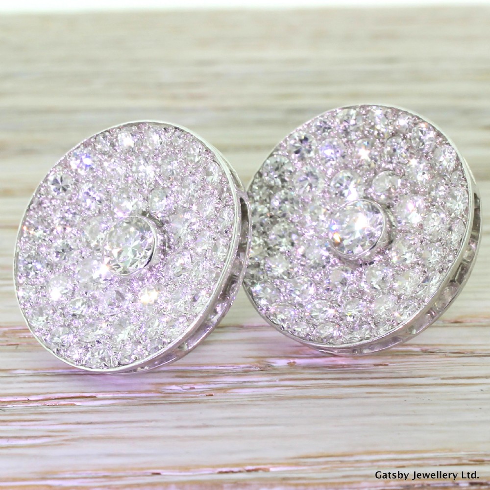 Mid Century 10.07 Carat Transitional Cut Diamond Cluster Earrings, circa 1950
