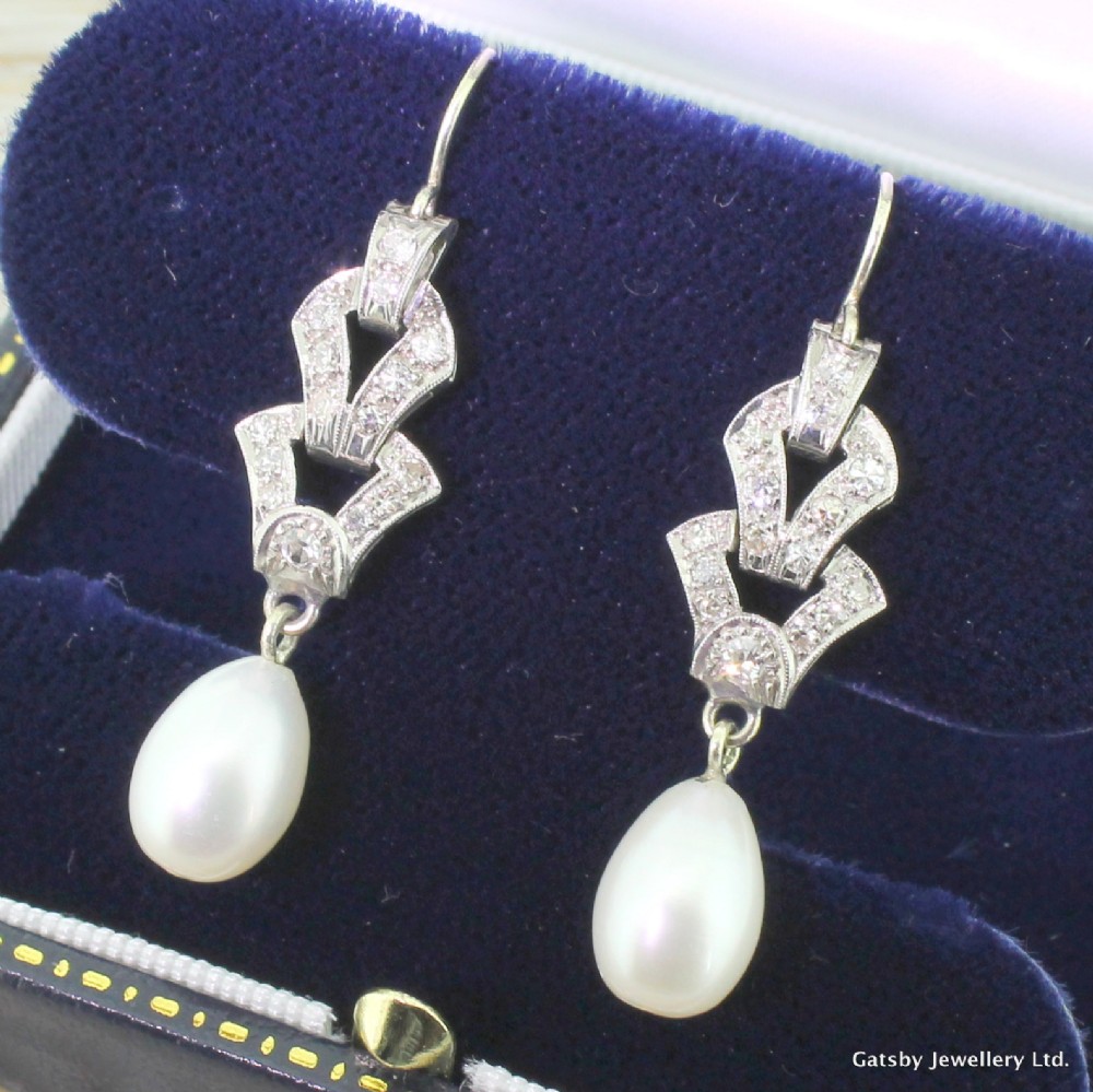 Art Deco Diamond & Pearl Drop Earrings, circa 1930
