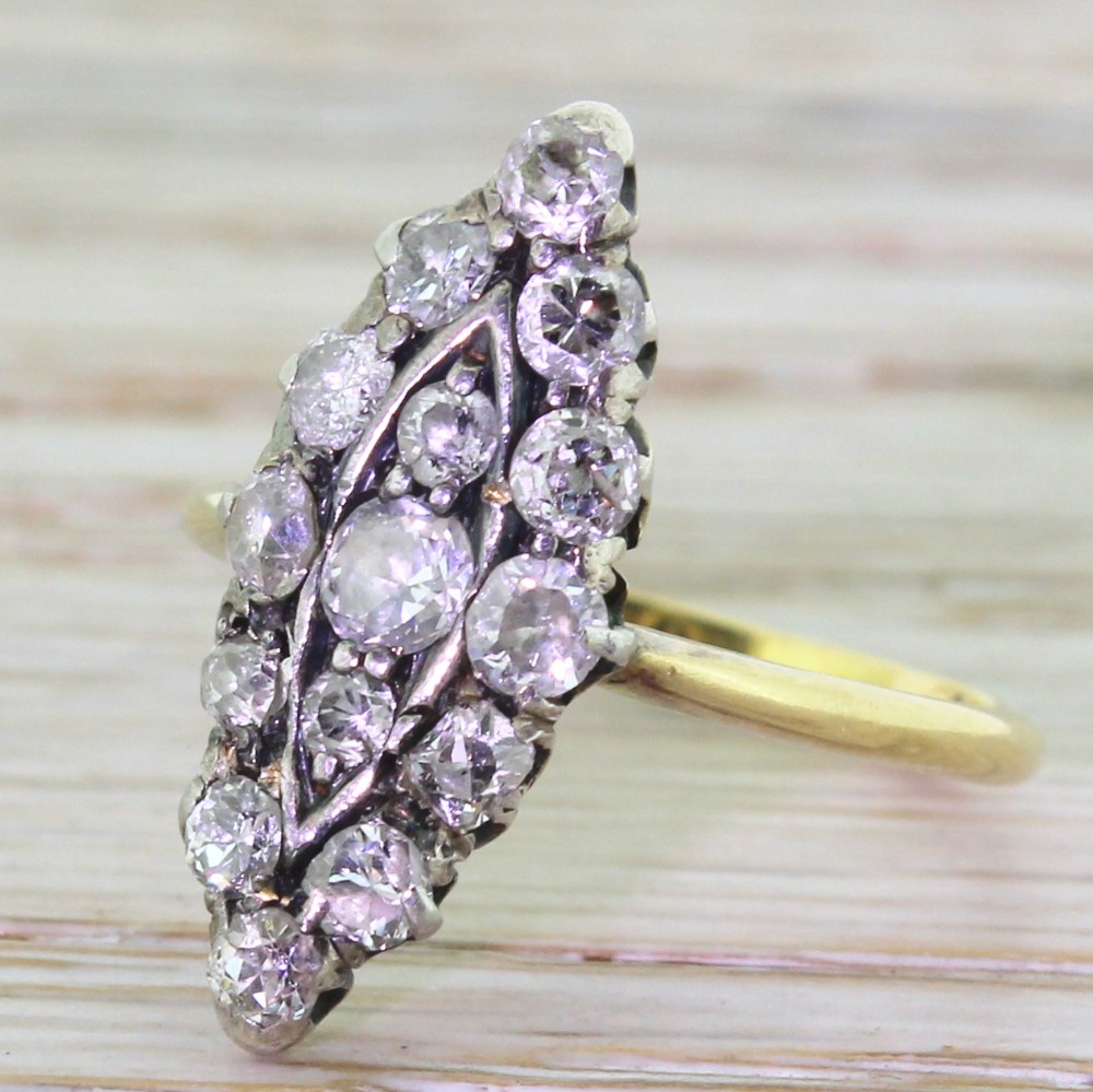 Victorian 1.25 Carat Old Cut Diamond Navette Ring, circa 1890
