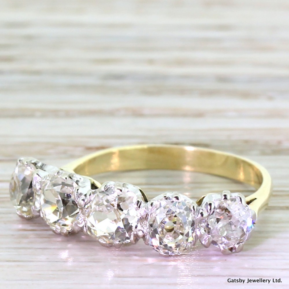 Edwardian 2.70 Carat Old Mine Cut Diamond Five Stone Ring, circa 1910
