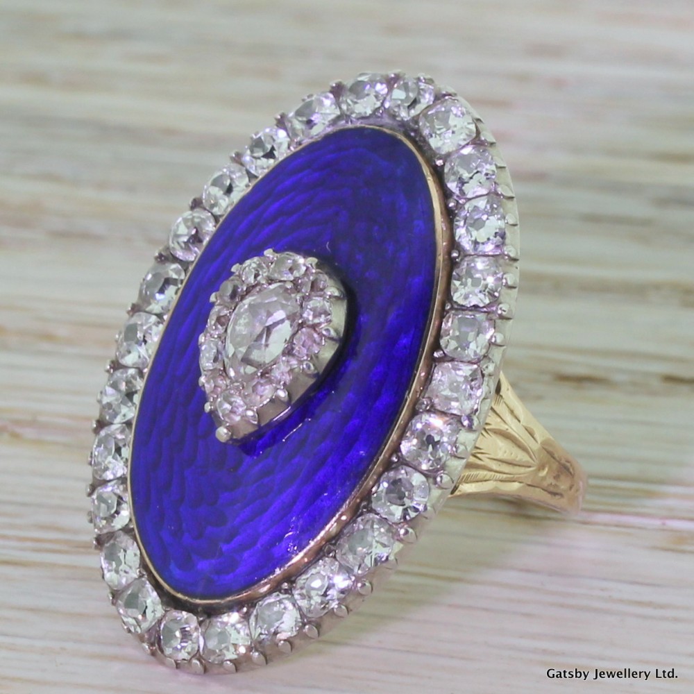 Georgian 2.58 Carat Old Cut Diamond & Blue Enamel Remembrance Ring, circa 1800
