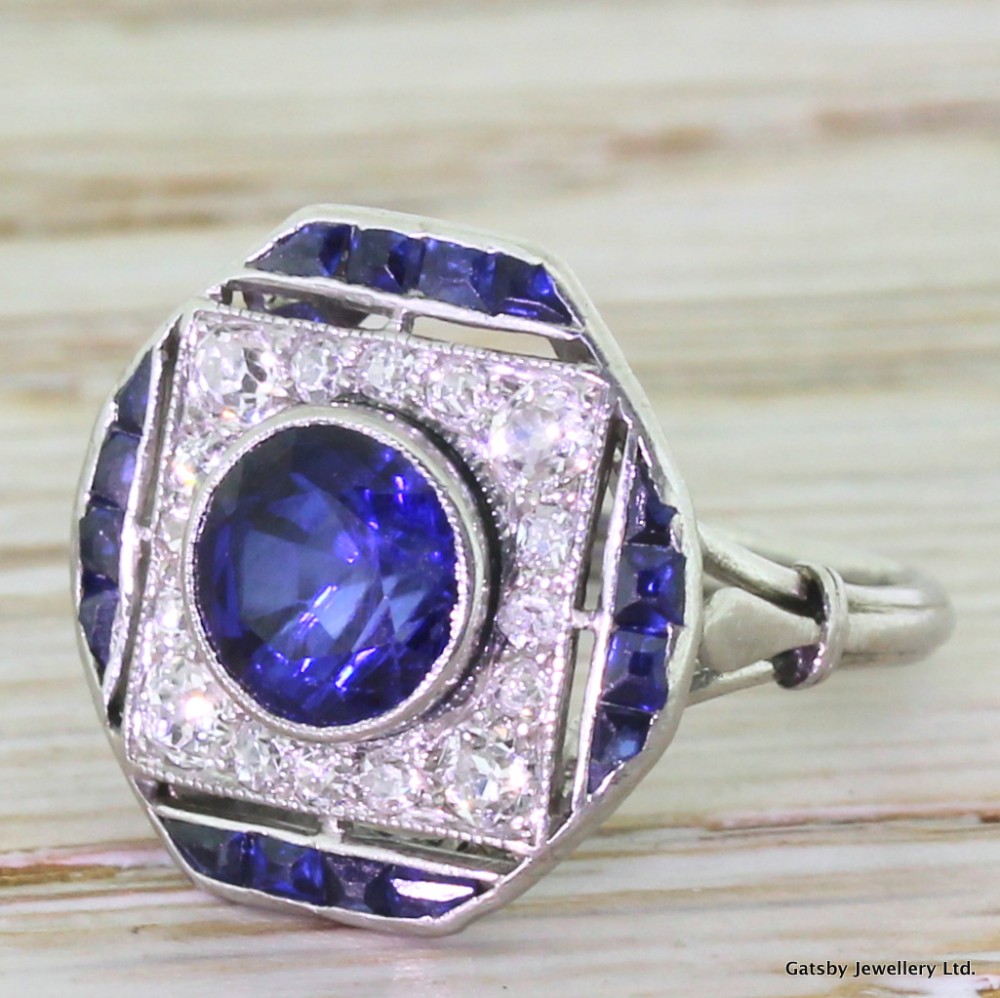 Art Deco Sapphire & Old Cut Diamond Plaque Ring, France, circa 1915
