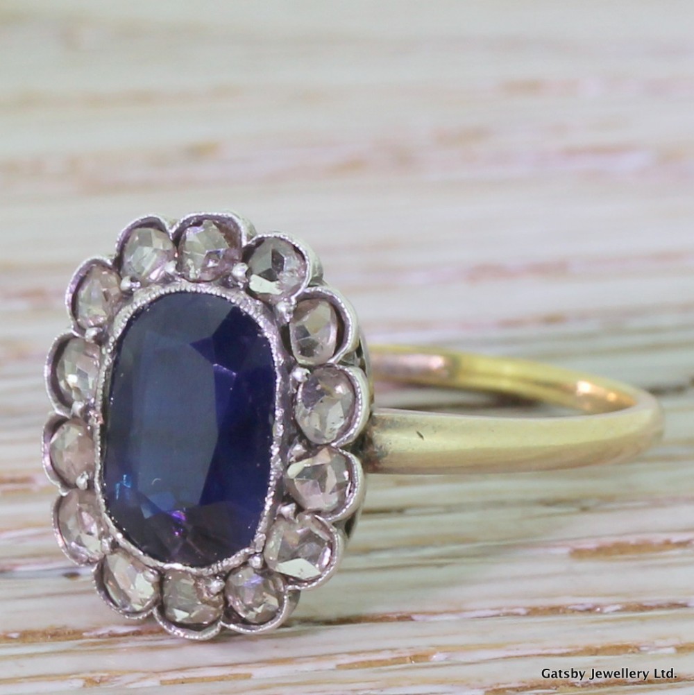 Victorian 2.31 Carat Sapphire & 0.52 Rose Cut Diamond Ring, circa 1900
