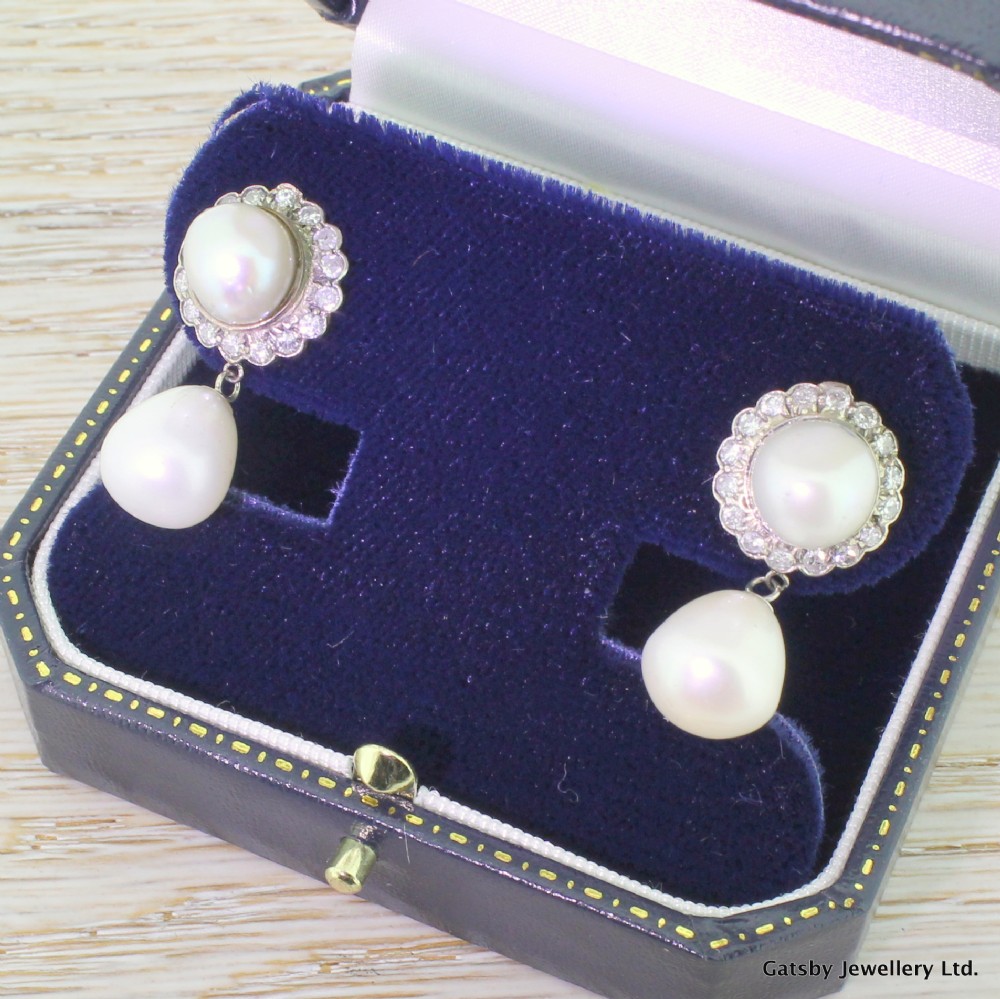 Art Deco Freshwater Pearl & Diamond Drop Earrings, circa 1935
