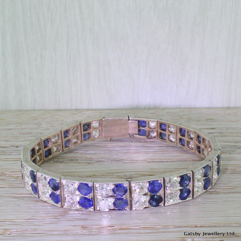Art Deco 9.80 Carat Old Cut Diamond & 10.80 Carat Sapphire Bracelet, circa 1935
