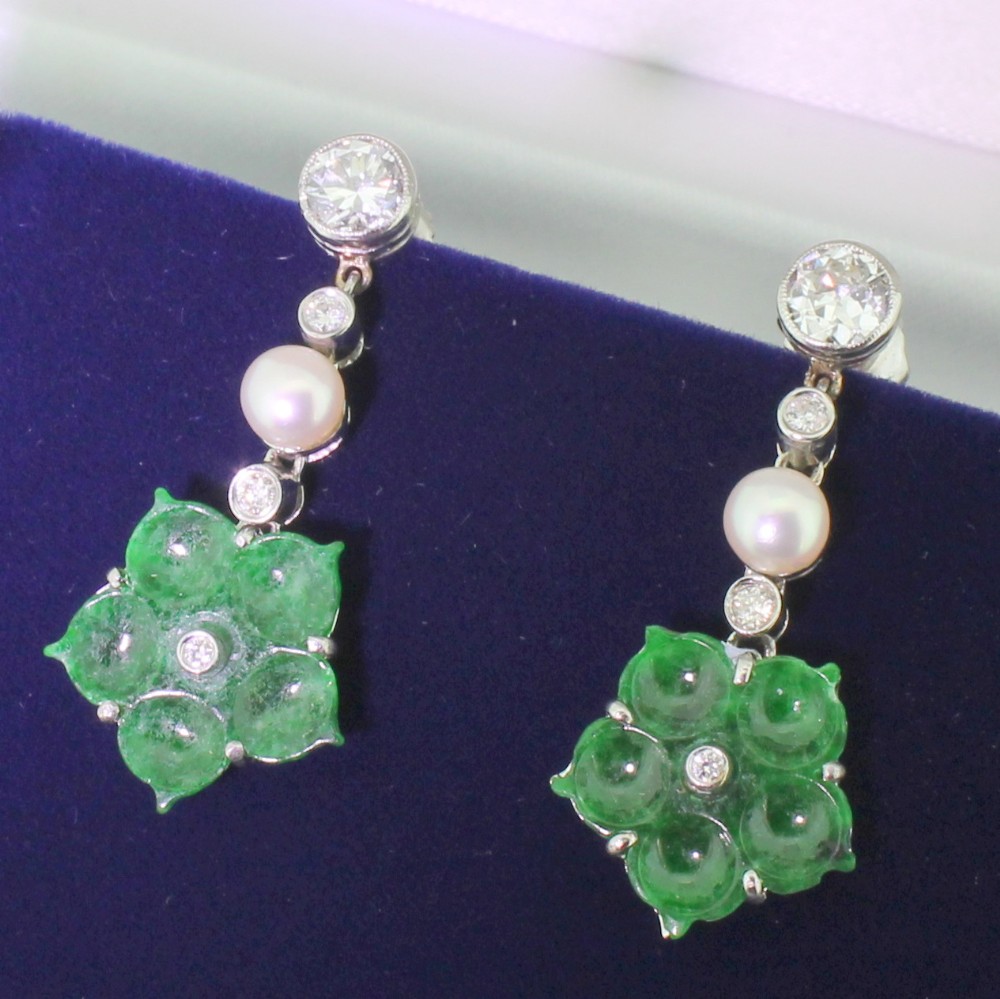 Art Deco Diamond, Pearl & Jade Drop Earrings, circa 1935
