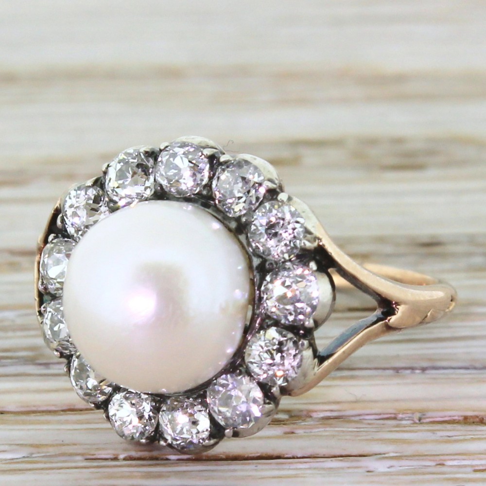 Victorian Pearl & 1.00 Carat Old Cut Diamond Cluster Ring, circa 1880
