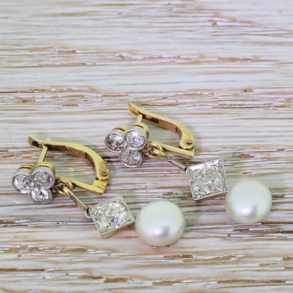 Edwardian Old Cut 1.64 Carat Diamond & Pearl Drop Earrings, circa 1910