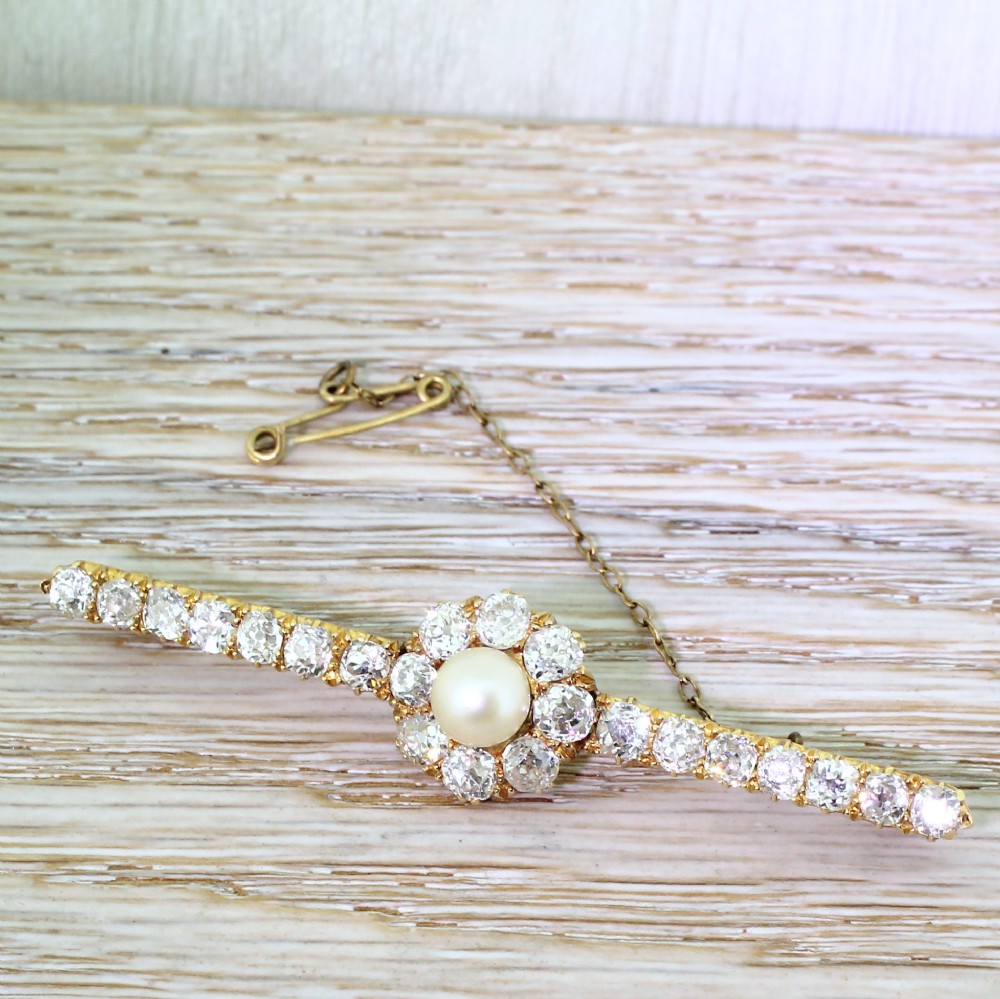 Victorian 4.80 Carat Old Cut Diamond & Natural Pearl Bar Brooch, circa 1890
