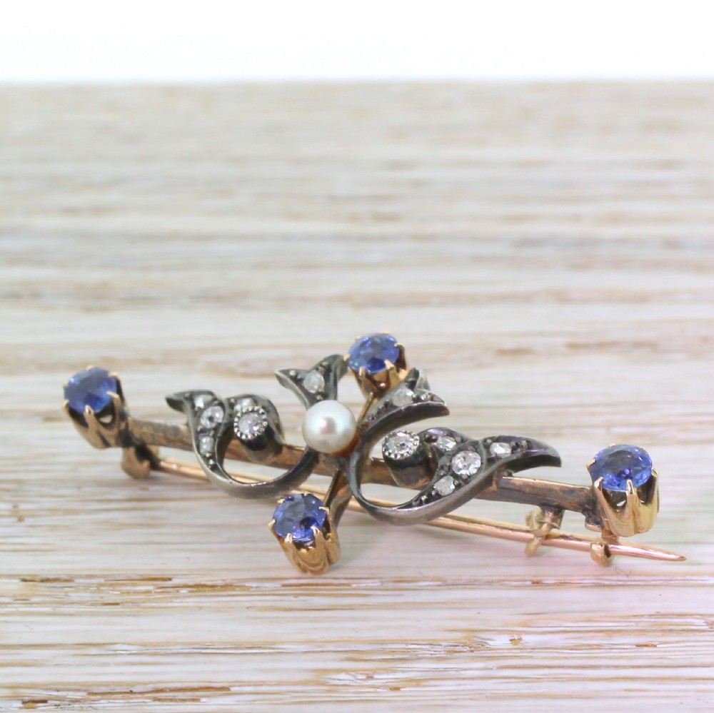 Art Nouveau Sapphire, Diamond & Pearl Brooch, circa 1890
