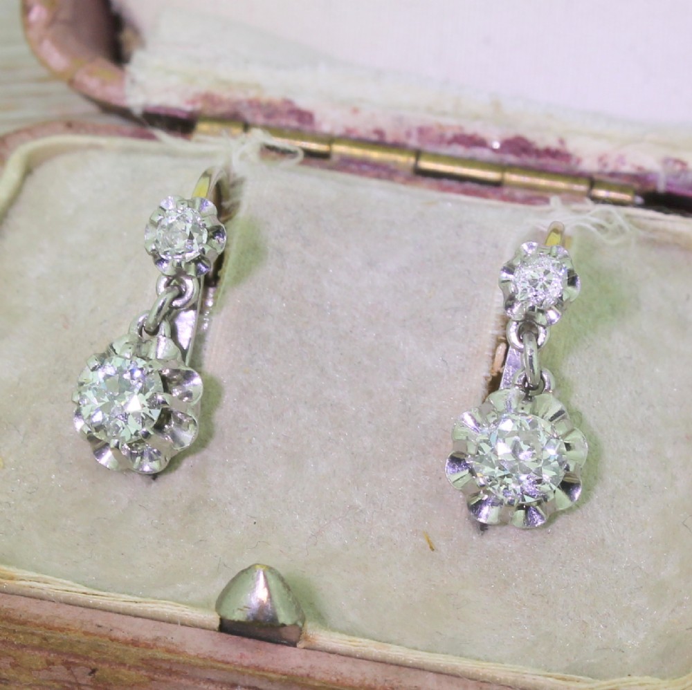 Art Deco 1.20 Carat Old Cut Diamond Double Drop Earrings, circa 1935
