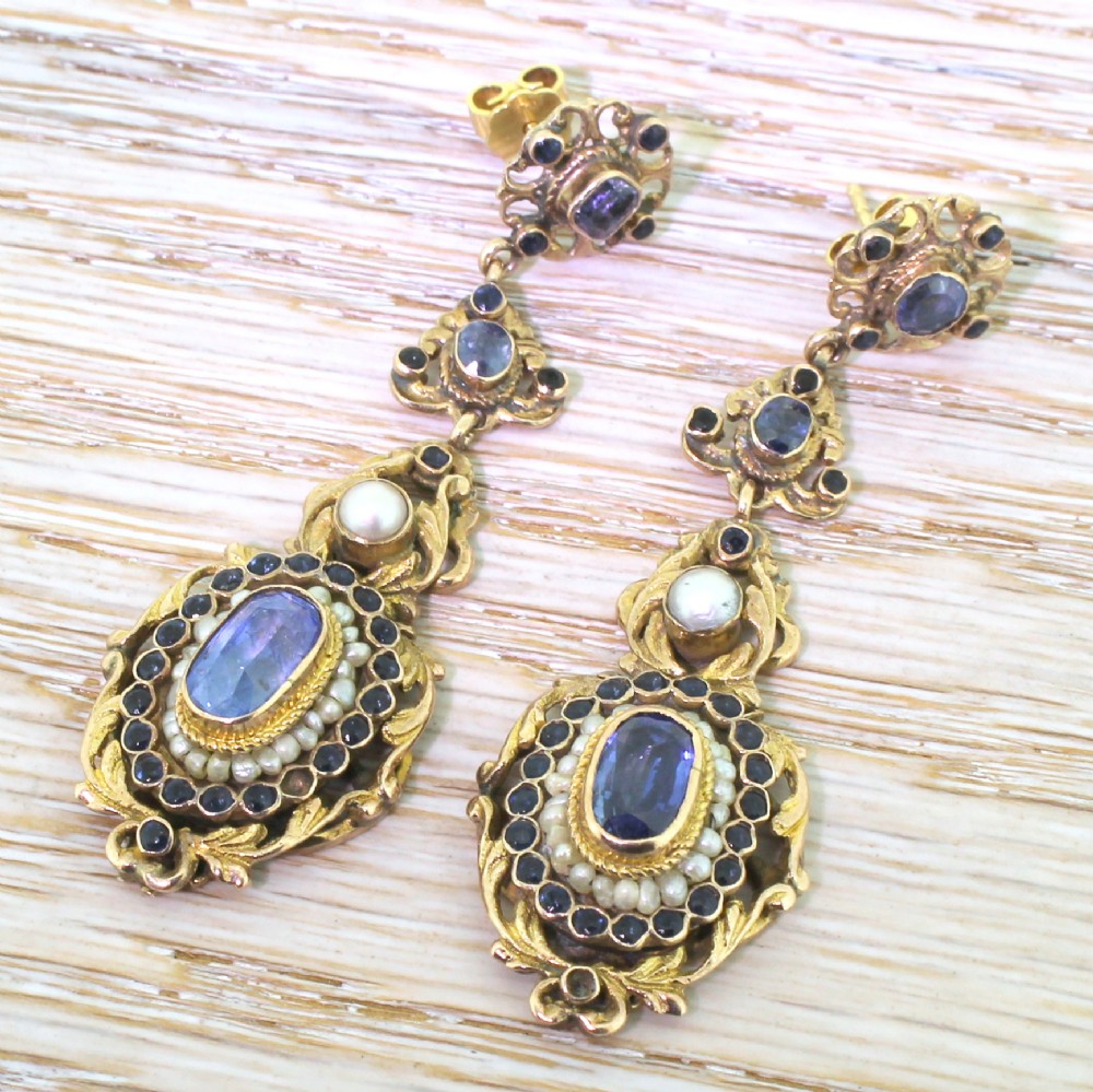 Austo Hungarian Natural Sapphire & Pearl Earrings, circa 1910

