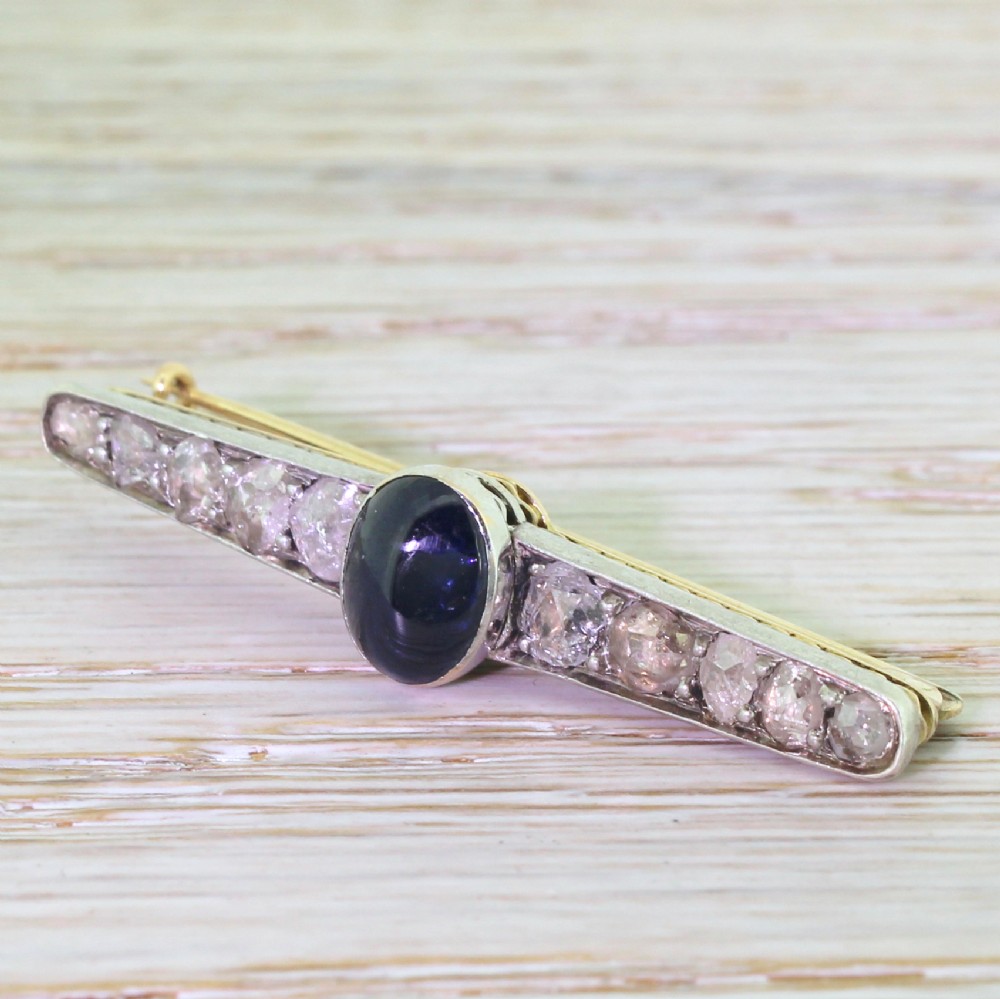 Art Deco Cabochon Sapphire & Rose Cut Diamond Bar Brooch, circa 1930
