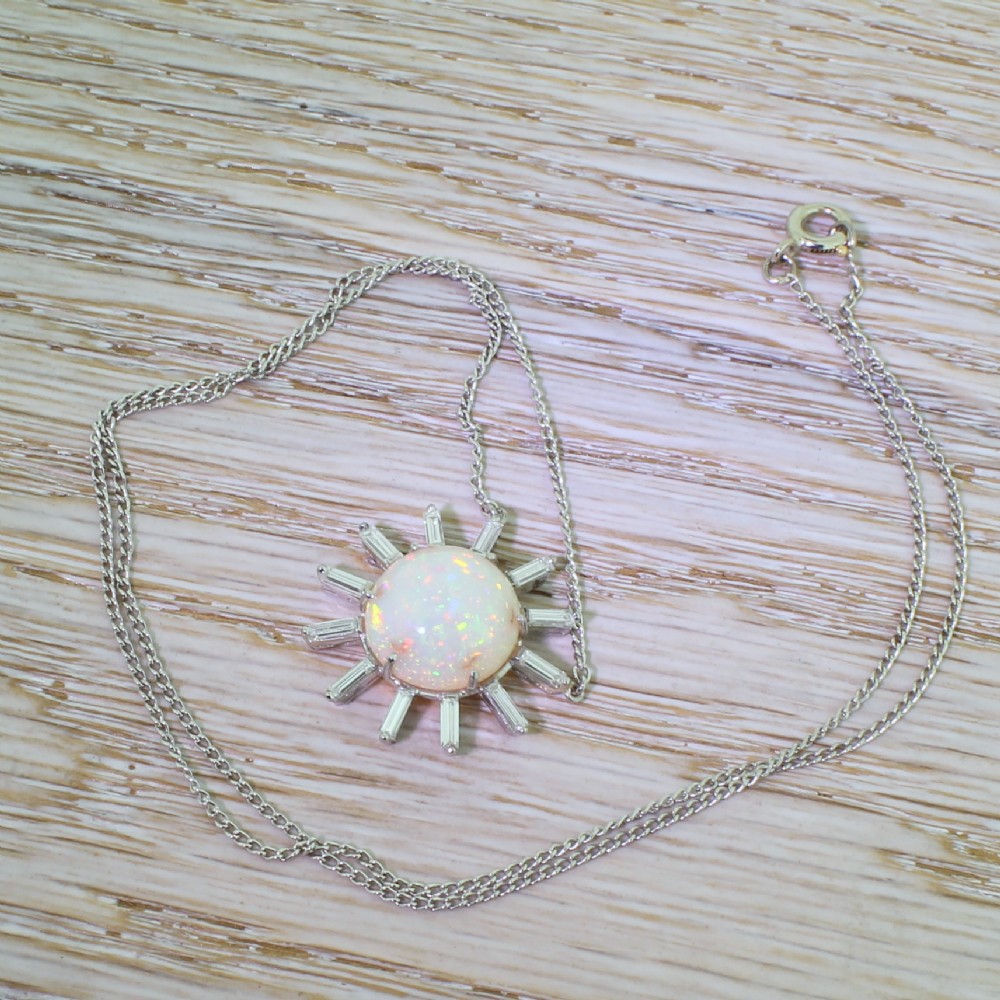 Art Deco Opal & Baguette Cut Diamond “Sun Burst” Pendant, circa 1925
