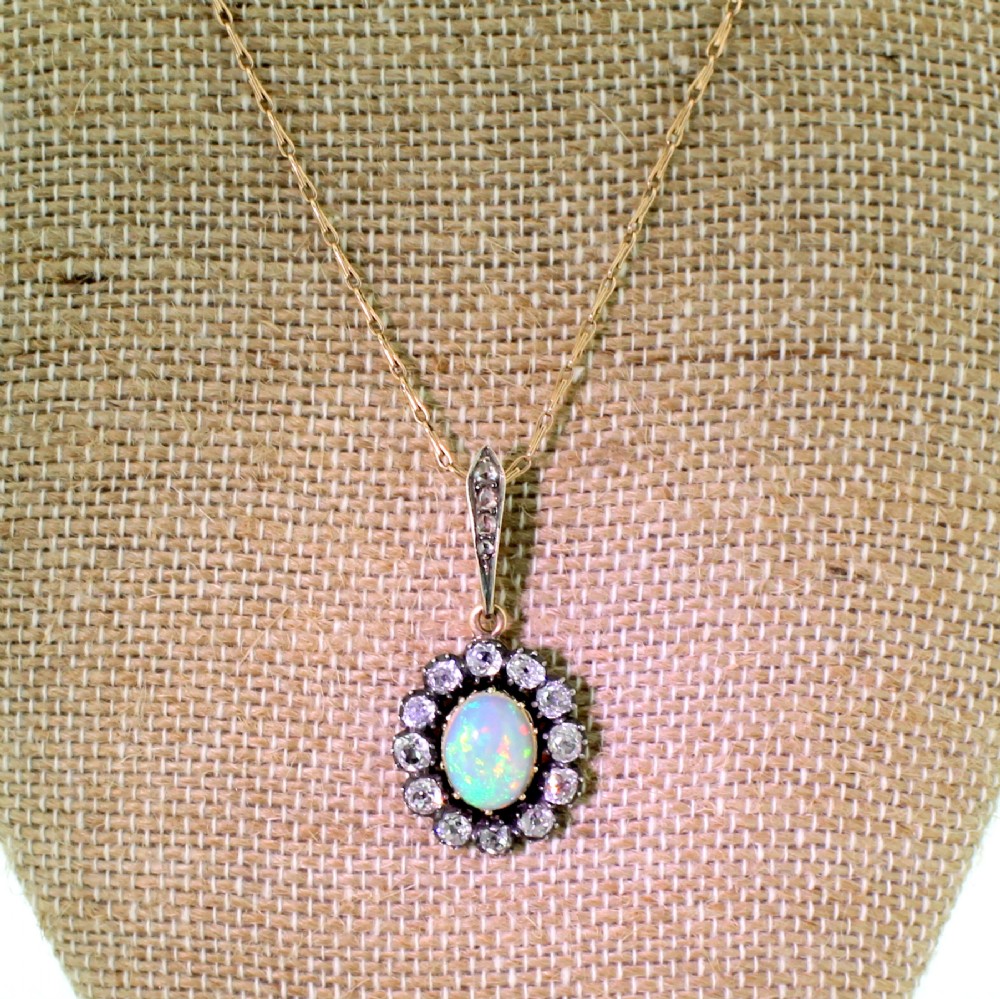 Victorian Opal & Old Cut Diamond Cluster Pendant, circa 1890
