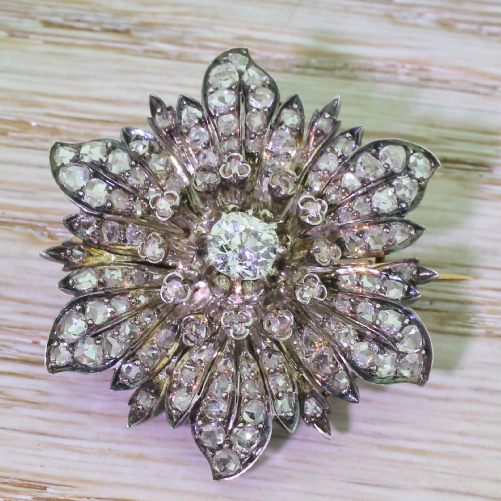 Victorian Old Cut Diamond & Rose Cut Diamond Flower Brooch, circa 1860
