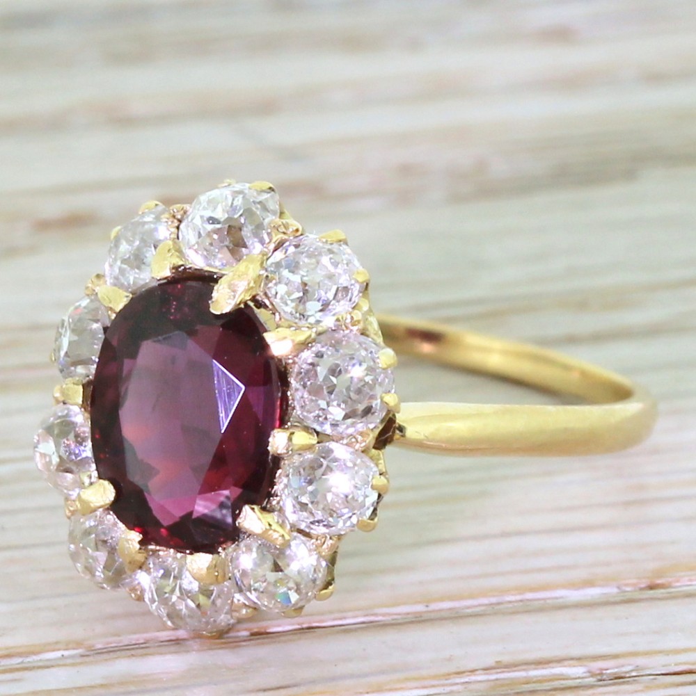 Art Deco 3.05 Carat Ruby & Old Cut Diamond Cluster Ring, French, circa 1920
