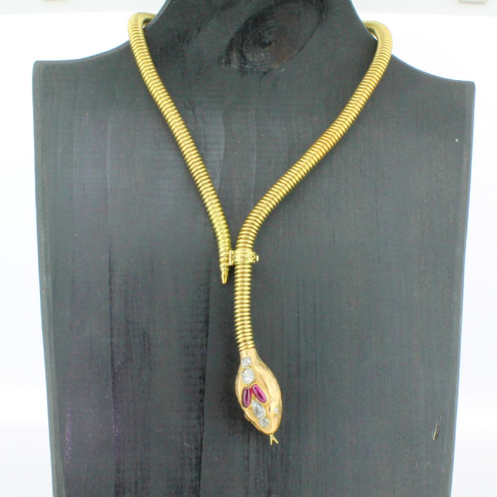 Victorian Cabochon Ruby & Old Cut Diamond Snake Necklace, circa 1860
