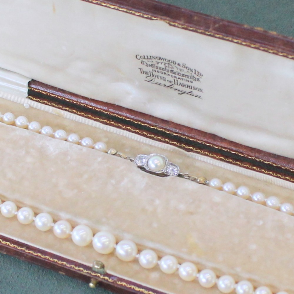 Art Deco Cultured Pearl Necklace with Diamond Clasp, circa 1935

