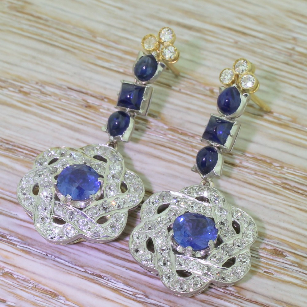 Art Deco Sapphire & Diamond Lotus Drop Earrings, circa 1925
