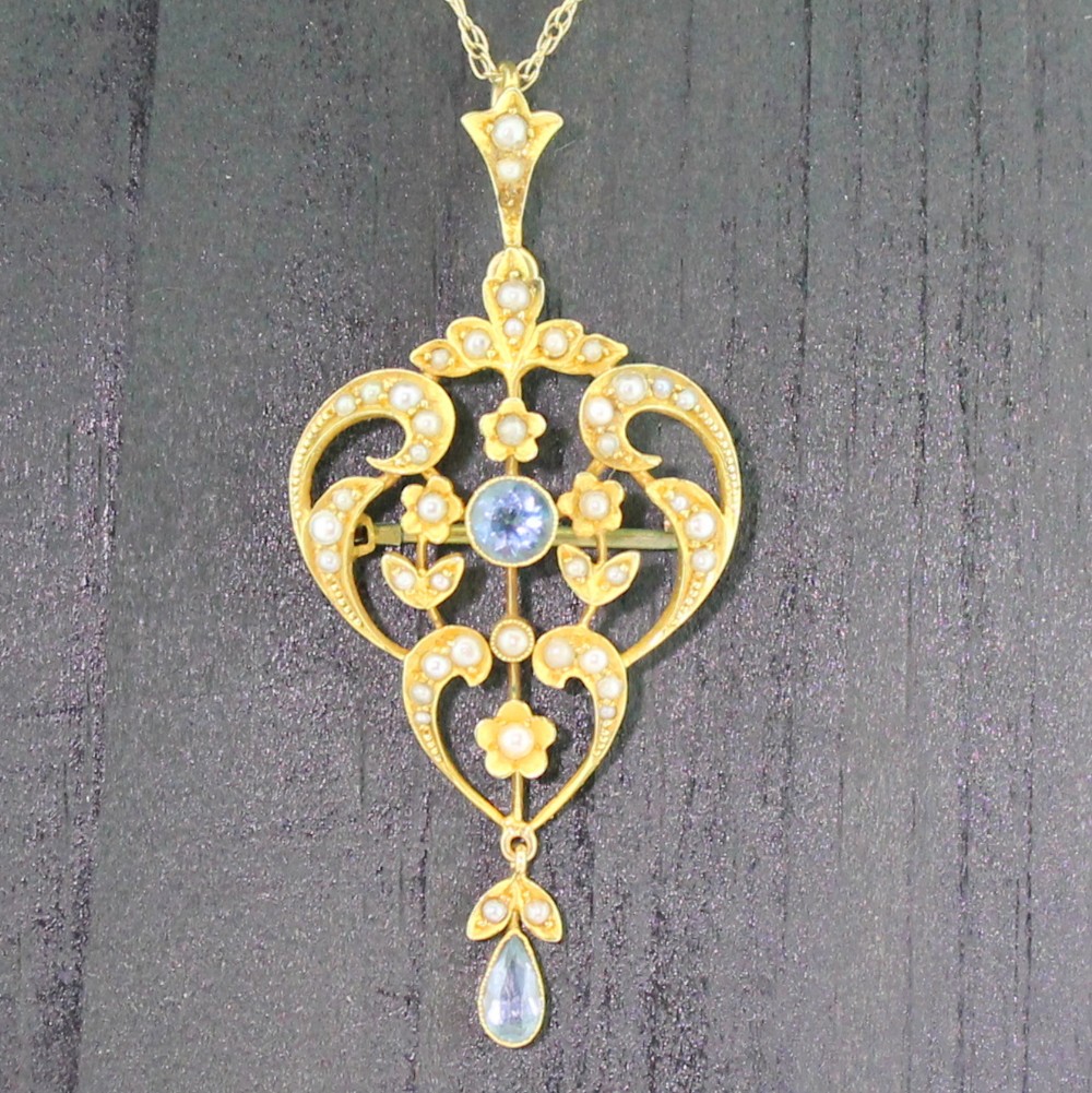 Art Nouveau Aquamarine & Pearl Brooch / Pendant, circa 1890
