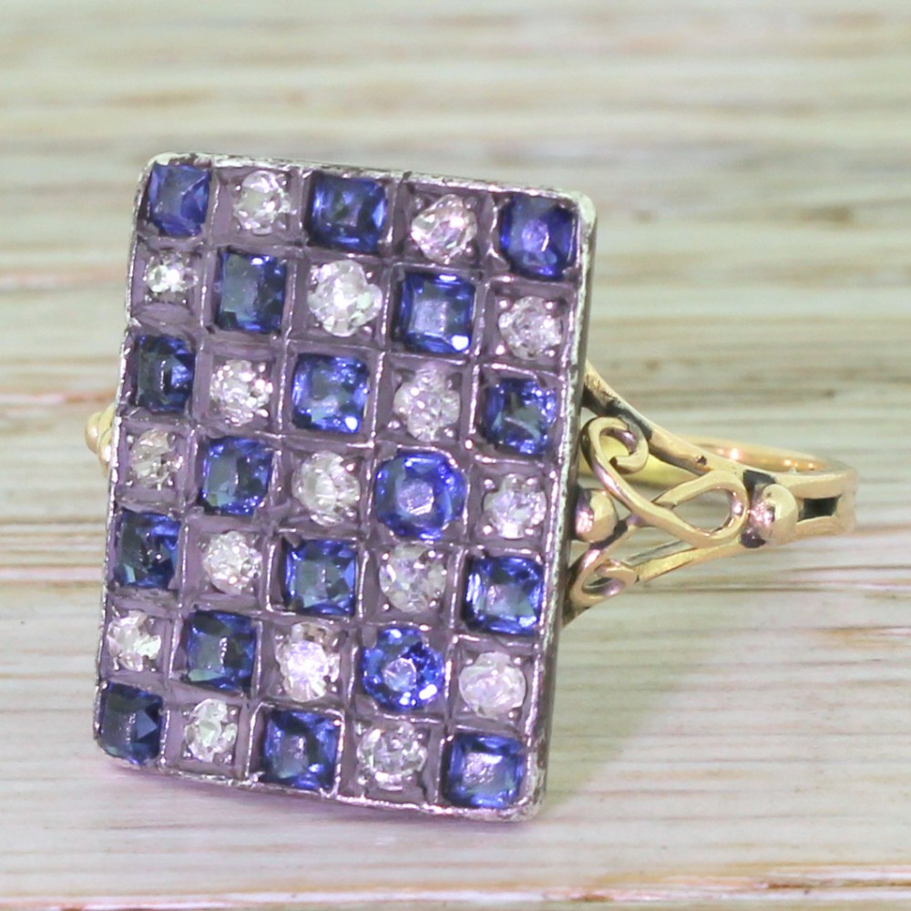Edwardian Sapphire & Diamond Checkerboard Plaque Ring, circa 1905
