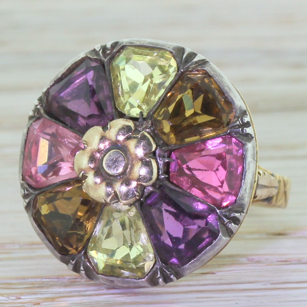 Early Victorian Multi Colour Glass Flower Ring, circa 1850
