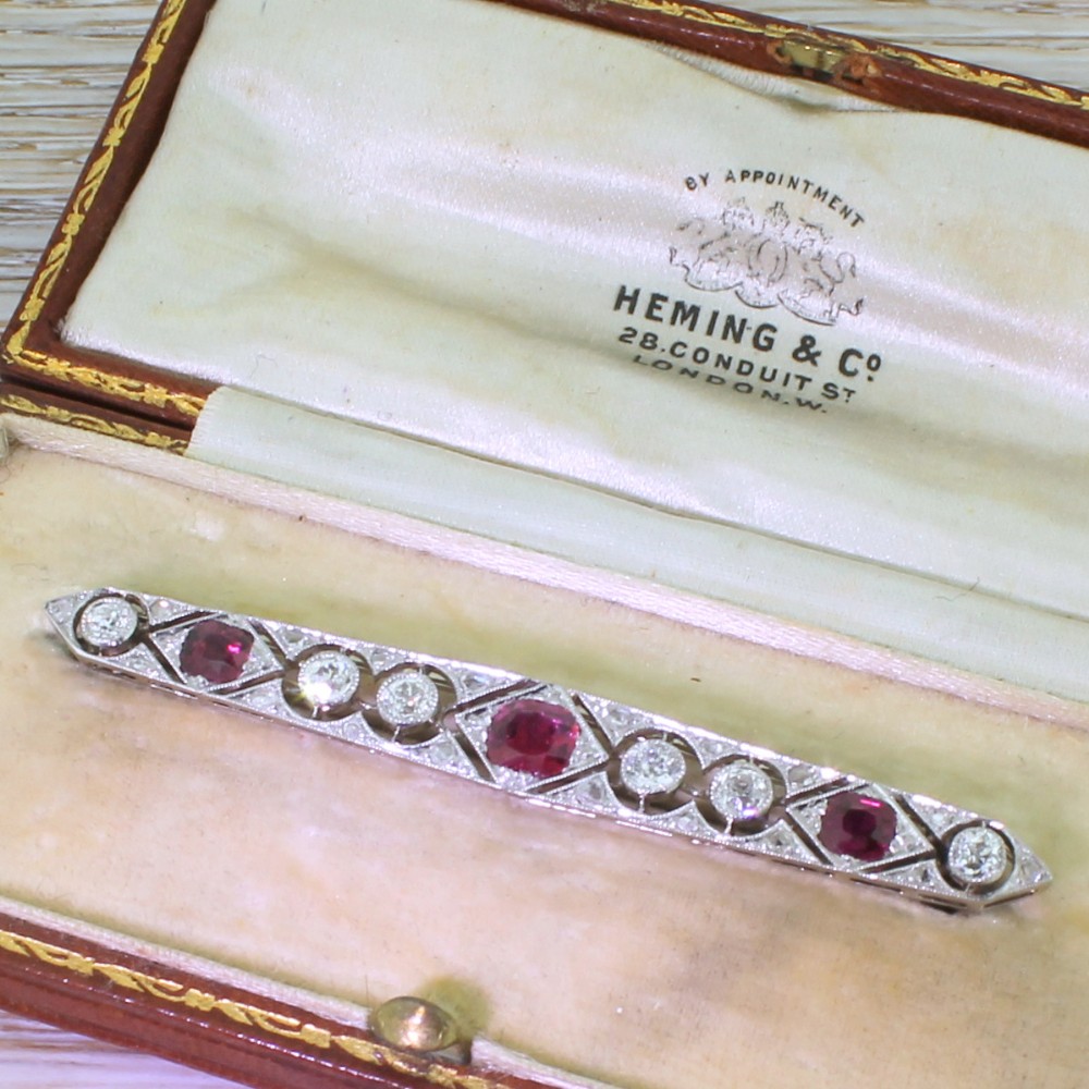 Art Deco Old Cut Diamond & Burmese Ruby Bar Brooch, circa 1915
