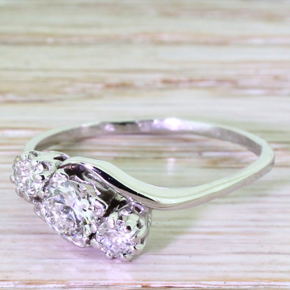Art Deco 0.70 Carat Transitional Cut Diamond Trilogy Crossover Ring, circa 1940
