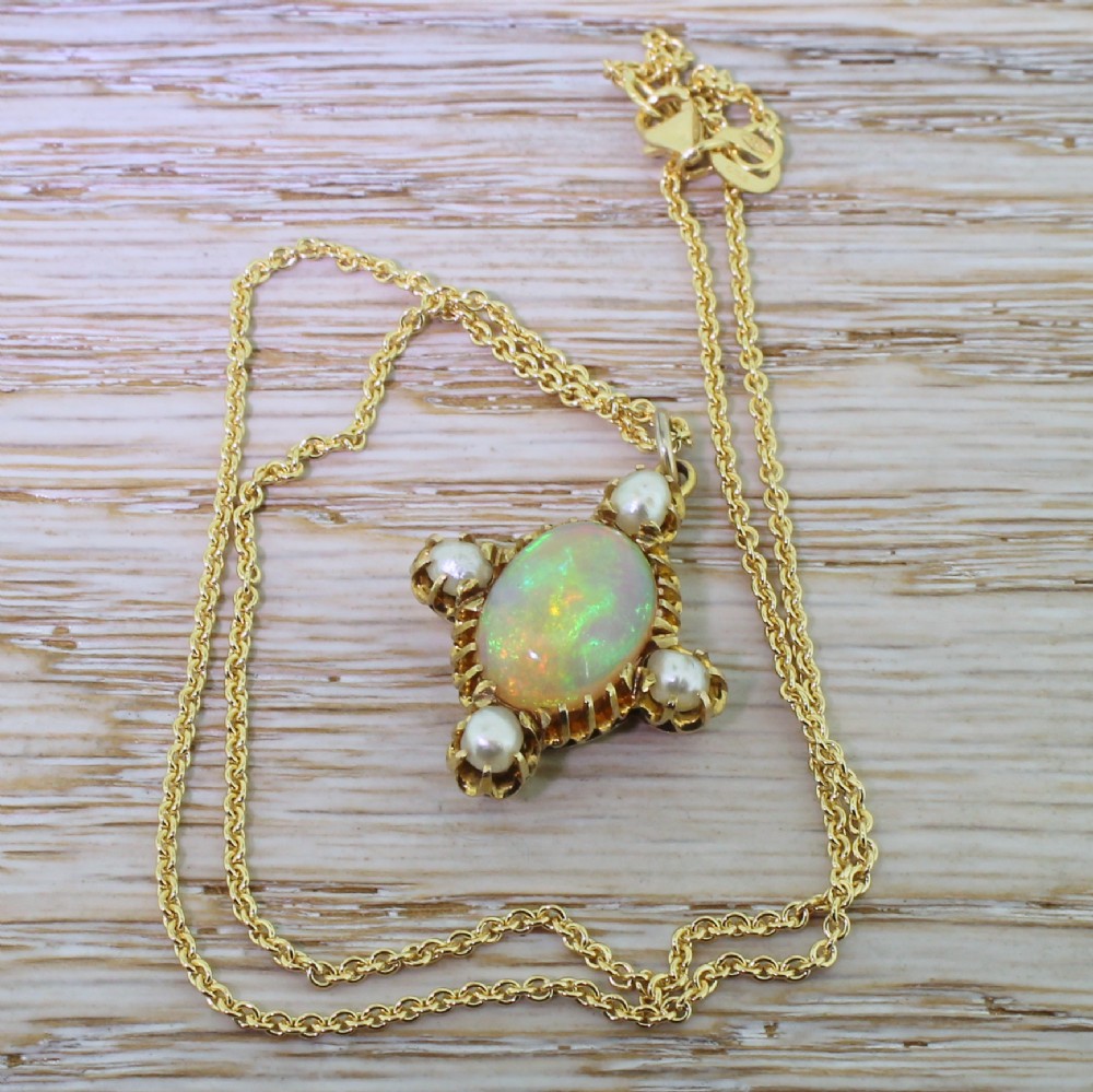 Victorian 3.00 Carat Opal & Seed Pearl Pendant, circa 1890
