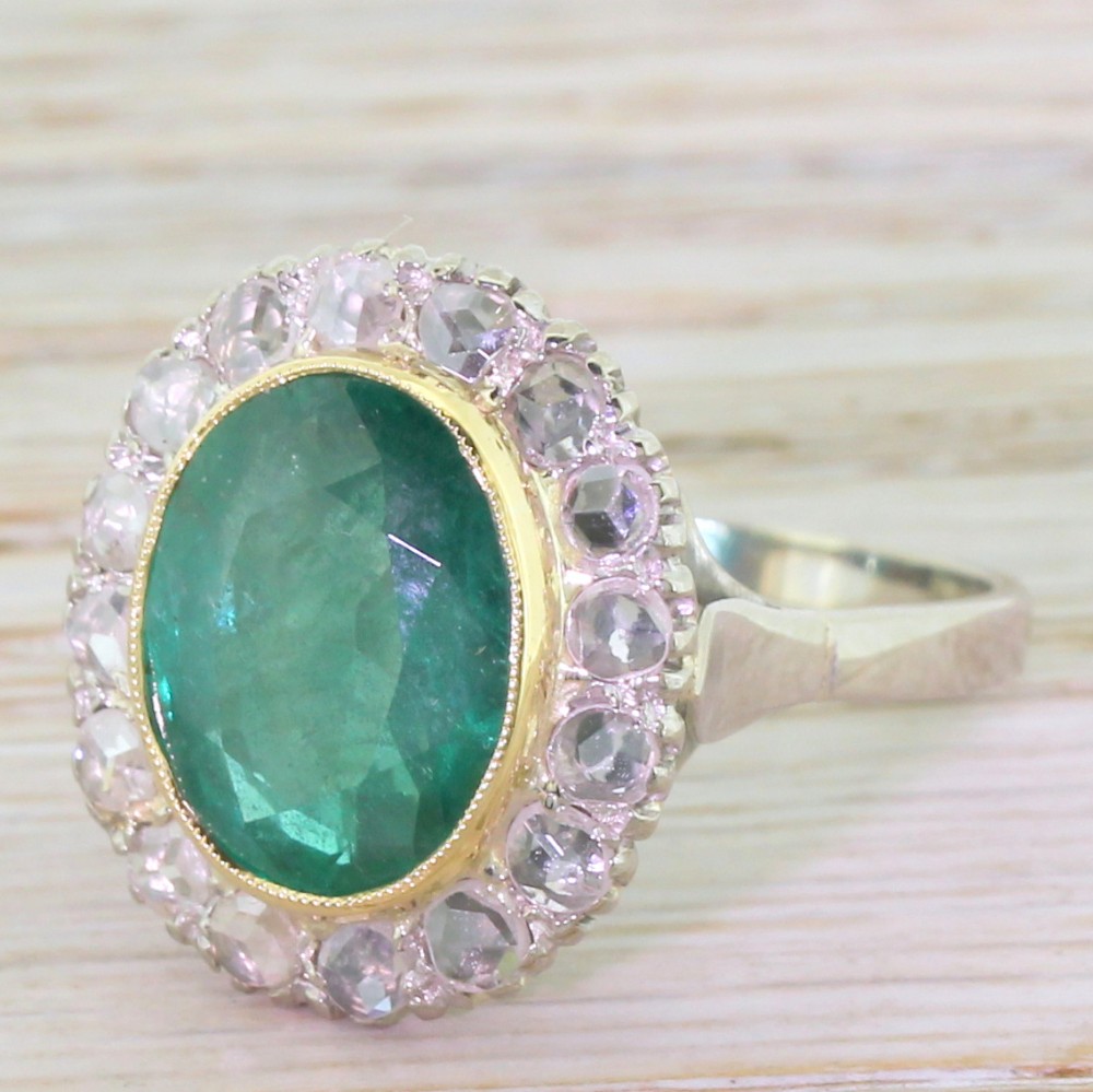Art Deco 5.70 Carat Emerald & Rose Cut Diamond Cluster Ring, circa 1940
